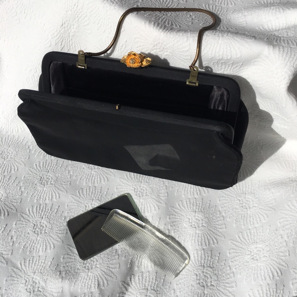VINTAGE Black satin handbag w/ comb & mirror